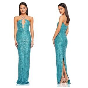Nookie Sz L Blue Sequin Supreme Column Gown Dress Prom Wedding Formal $369